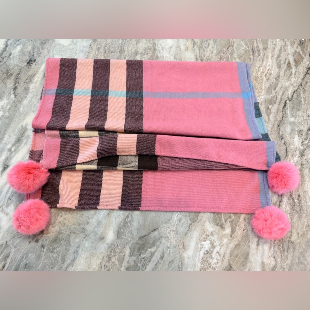 Pink Plaid Scarf Pom Pom Ends Soft Winter Wrap Shawl